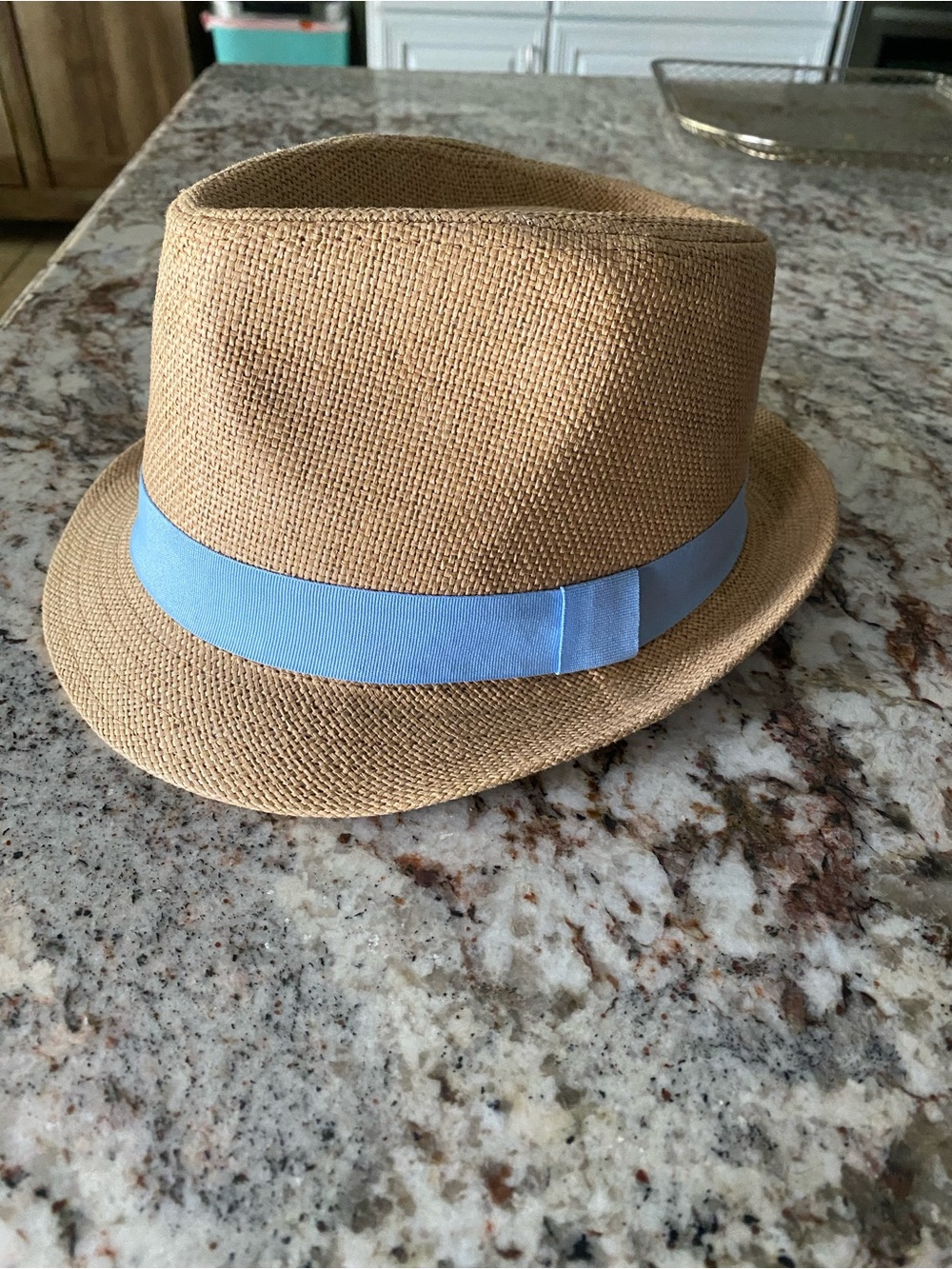 Kids Tan Straw Fedora with Light Blue Band